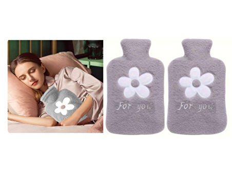 2 ADET SICAK SU TORBASI PELUŞ PAPATYA DESENLİ GRİ  21x13,5x2cm 500 ml