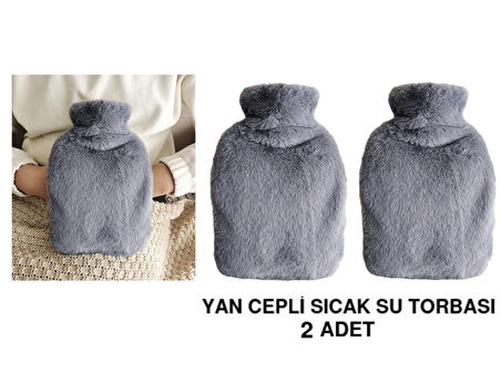 2 ADET SICAK SU TORBASI YAN CEPLİ GRİ  PELUŞ TERMOFOR 27x17x2cm  1 LİTRE