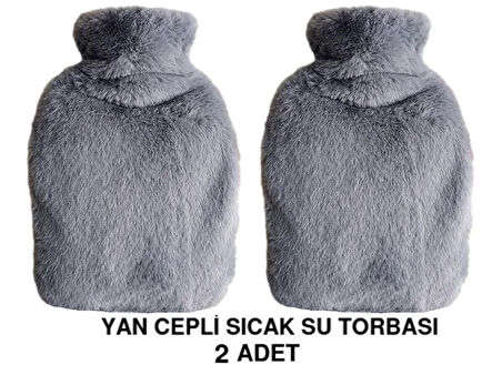 2 ADET SICAK SU TORBASI YAN CEPLİ GRİ  PELUŞ TERMOFOR 27x17x2cm  1 LİTRE