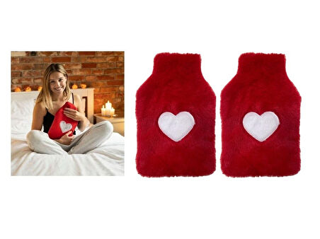 2 ADET SICAK SU TORBASI PELUŞ KALPLİ,KIRMIZI TERMOFOR 27X17X2CM 1 LİTRE