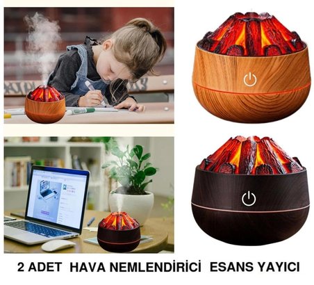 2 ADET  ŞÖMİNE  TASARIMLI USB LI LED AYDINLATMALI HAVA NEMLENDİRİCİ,AROMATERAPİK HAVA DİFÜZÖRÜ,BUHURDANLIK,,SİS SPREYLİ GECE LAMBASI, 300 ml 10x10X10,3cm KAHVERENGİ