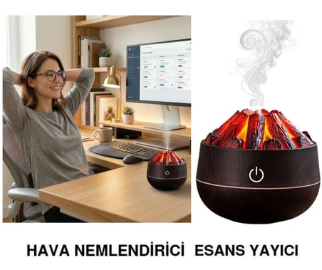 Hava Nemlendirici,Aroma Difüzörü Şömine Görünümlü Alev Buhar Makinesi Koyu Kahverengi