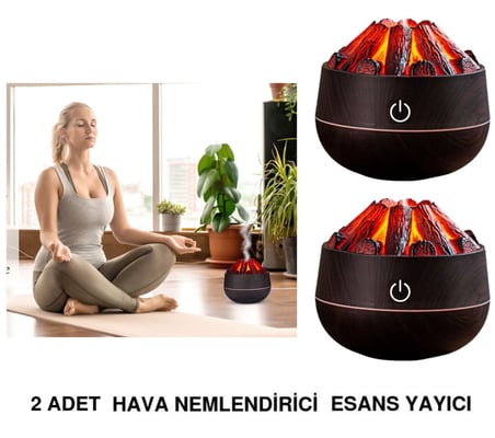 2 Adet Hava Nemlendirici,Aroma Difüzörü Şömine Görünümlü Alev Buhar Makinesi Koyu Kahverengi