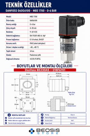 DANFOSS 060G6100 MBS 1700 0-6  bar Basınç Transmitteri