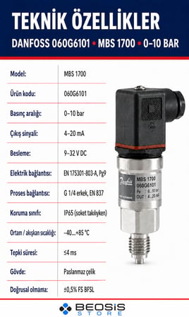 DANFOSS 060G6101 MBS 1700 0-10 bar Basınç Transmitteri