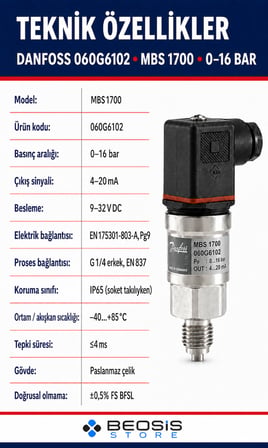 Danfoss 060G6102 MBS 1700 0-16 bar Basınç Transmitteri