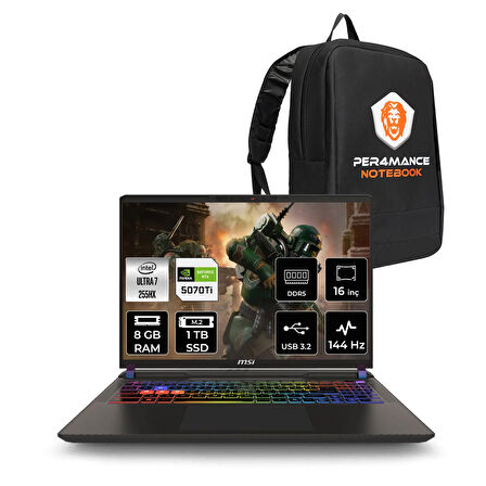 MSI Vector 16 HX AI Ultra 7 255HX 8GB 1TB SSD RTX5070TI/12GB 140W 16'' WUXGA FDOS Gaming Laptop