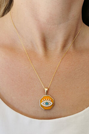 Sekizgen Model Mineli Altın Göz Kolye
