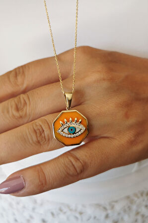 Sekizgen Model Mineli Altın Göz Kolye