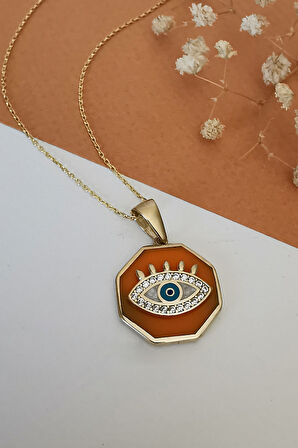 Sekizgen Model Mineli Altın Göz Kolye