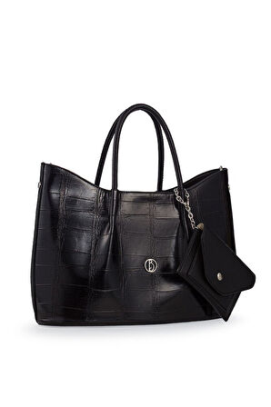 Bilik Deri Logo Detaylı Siyah Kadın El Çantası RİV 147-KR