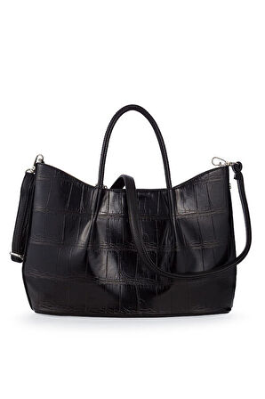 Bilik Deri Logo Detaylı Siyah Kadın El Çantası RİV 147-KR