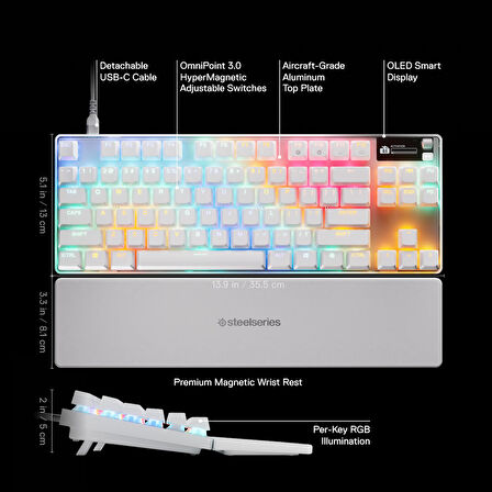 SteelSeries Apex Pro TKL Gen 3 OmniPoint 3.0 HiperManyetik Switch RGB Mekanik Kablolu Oyuncu Klavyesi (UK) - Beyaz