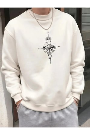 Unisex Yön Gösteren Pusula Tasarım Baskılı Bisiklet Yaka Sweatshirt