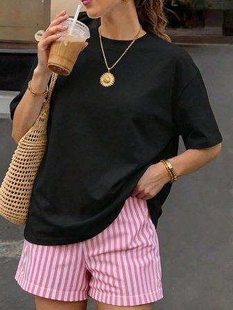 %100 Pamuk Oversize Kalıp Bisiklet Yaka T-shirt / Tişört