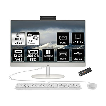 HP ProOne 240 G10 i5 1335U 12GB 256GB SSD Iris Xe Graphics 23.8" FHD W11H All In One PC Beyaz & PER4