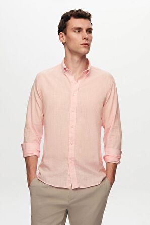 Ds Damat Slim Fit Pembe Düğmeli Yaka %100 Pamuk Yazlık Flamlı Keten Görünümlü Gömlek 6HC02ORT63265 6HC02ORT63265