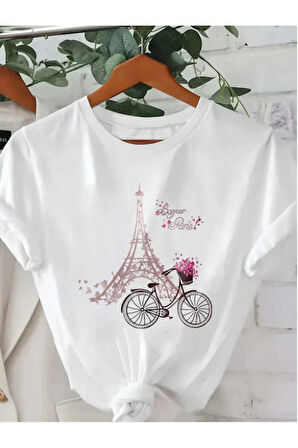 Unisex Pamuklu Eyfel Kulesi Ön Baskılı Tasarım Tshirt