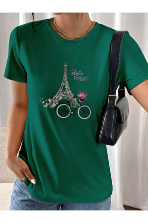 Unisex Pamuklu Eyfel Kulesi Ön Baskılı Tasarım Tshirt