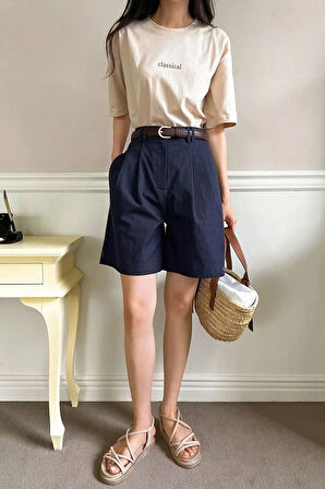 Kadın Bej Classical Ön Baskılı Oversize T-shirt