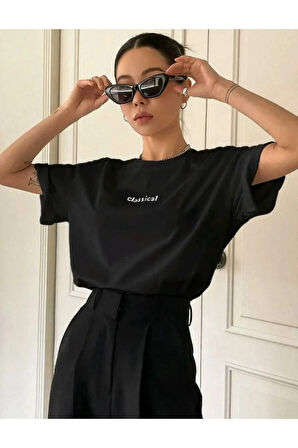 Kadın Siyah Classical Ön Baskılı Oversize T-shirt