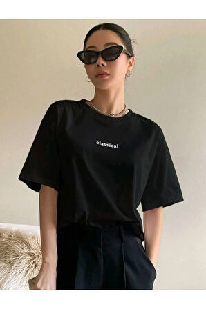 Kadın Siyah Classical Ön Baskılı Oversize T-shirt