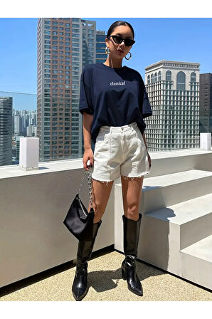 Kadın Lacivert Classical Ön Baskılı Oversize T-shirt