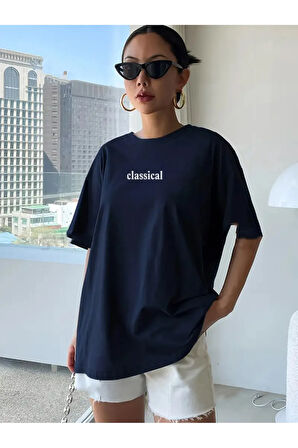 Kadın Lacivert Classical Ön Baskılı Oversize T-shirt