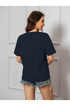Kadın Lacivert Sanatsal Yıldız Ön Baskılı Oversize T-shirt