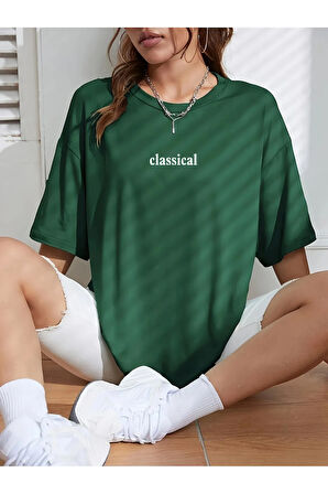 Kadın Yeşil Classical Ön Baskılı Oversize T-shirt