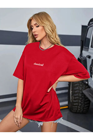 Kadın Kırmızı Classical Ön Baskılı Oversize T-shirt
