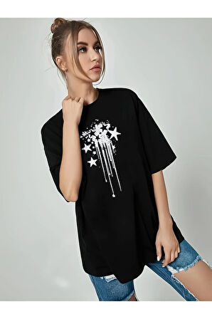 Kadın Siyah Sanatsal Yıldız Ön Baskılı Oversize T-shirt
