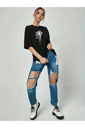 Kadın Siyah Sanatsal Yıldız Ön Baskılı Oversize T-shirt