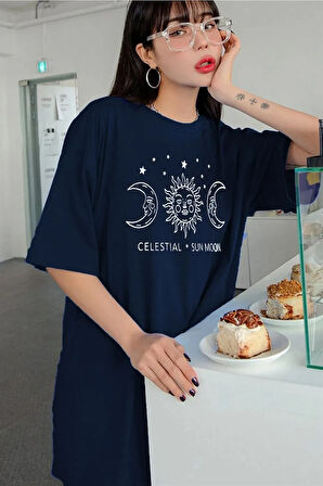 Unisex Sun Moon Ön Baskılı Oversize T-shirt