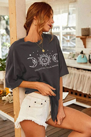 Unisex Sun Moon Sırt Baskılı Oversize T-shirt