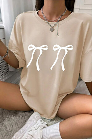 Kadın Çift Kurdele Baskılı Bisiklet Yaka Tshirt