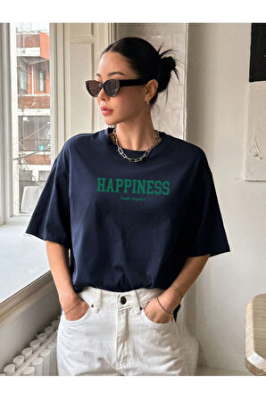 Unisex Pamuklu Happiness Ön Baskılı Tasarım Tshirt