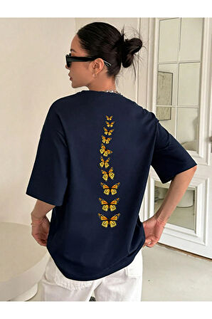 Unisex Pamuklu Sırt Kral Kelebek Baskılı Tasarım Tshirt