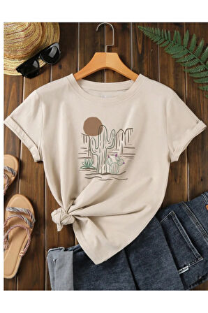Unisex Pamuklu Kaktüs Ön Baskılı Tasarım Tshirt