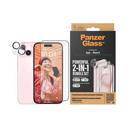 PanzerGlass  2 in 1 Pack iPhone 15 Tam Uyumlu Ekran Koruyucu ve Kolay Hizalayıcı