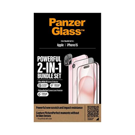 PanzerGlass  2 in 1 Pack iPhone 15 Tam Uyumlu Ekran Koruyucu ve Kolay Hizalayıcı