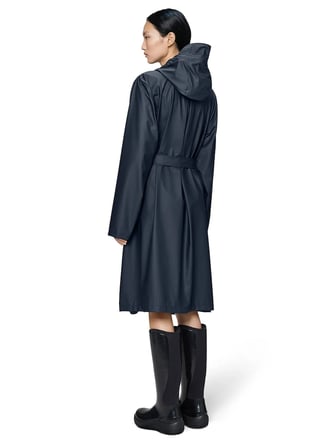 Rains A-Line Longer W Jacket W3 Lacivert Kadın Kapüşonlu Uzun Yağmurluk