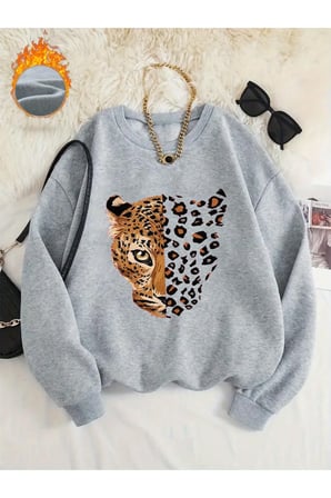 Unisex Leopar Desenli Kaplan Baskılı Bisiklet Yaka Sweatshirt