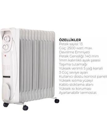 SÜSLER 13 Dilim Yağlı Radyatör SR-5713 2500 W Elektronik Termostatlı Zemin Tipi Beyaz