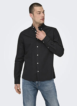 Only & Sons Dar Siyah Düz Erkek Gömlek ONSALVARO SLIM LS OXFORD SHIRT NOOS