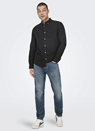 Only & Sons Dar Siyah Düz Erkek Gömlek ONSALVARO SLIM LS OXFORD SHIRT NOOS