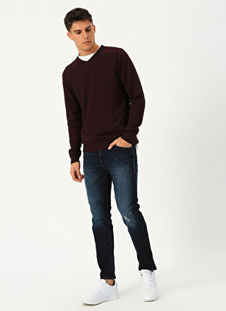 Jack & Jones 12137194 Basic Knit V-Yaka Erkek Bordo Kazak