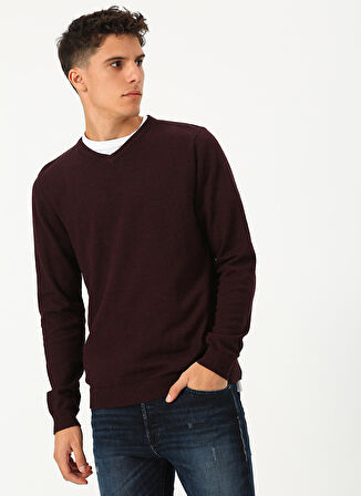 Jack & Jones 12137194 Basic Knit V-Yaka Erkek Bordo Kazak