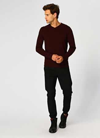 Jack & Jones 12137194 Basic Knit V-Yaka Erkek Bordo Kazak