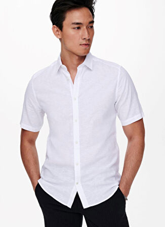 Only & Sons Normal Beyaz Düz Erkek Gömlek 22009885_ONSCAIDEN SS SOLID LINEN S
